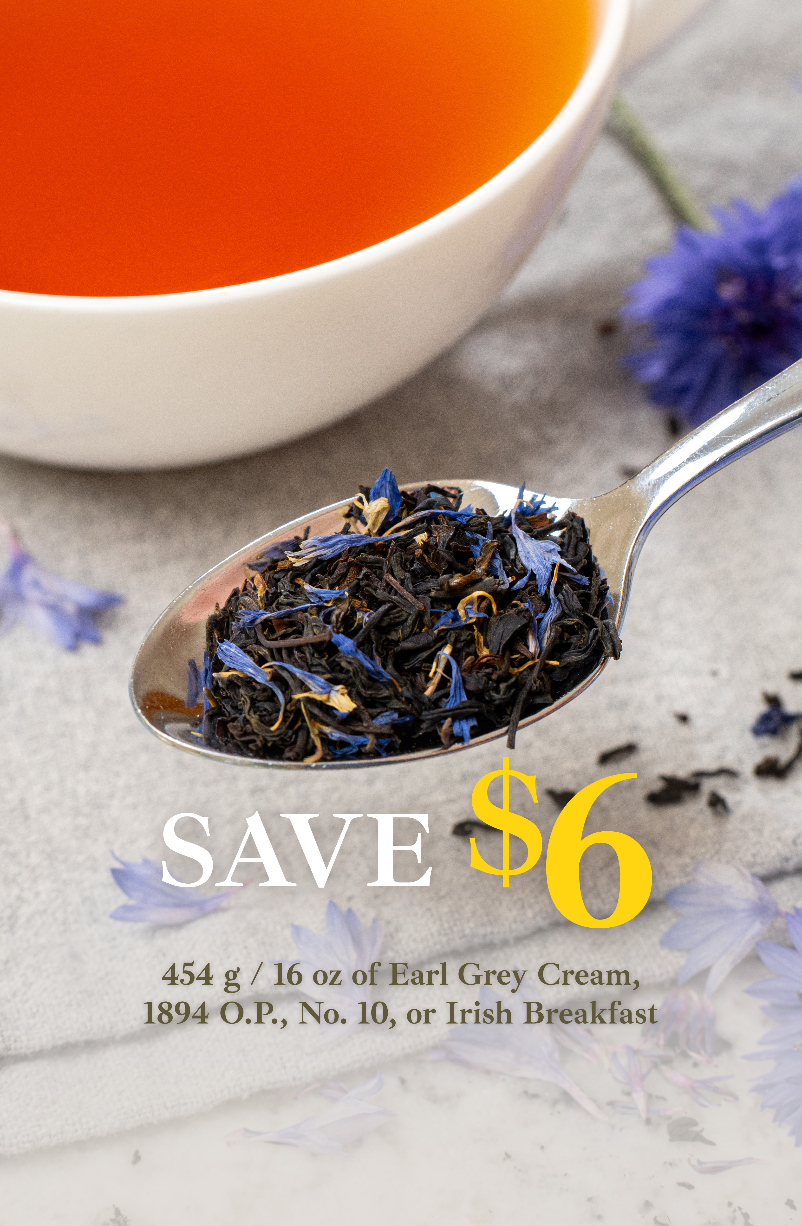 A close-up image of Murchie's Earl Grey Cream loose tea in portrait view.