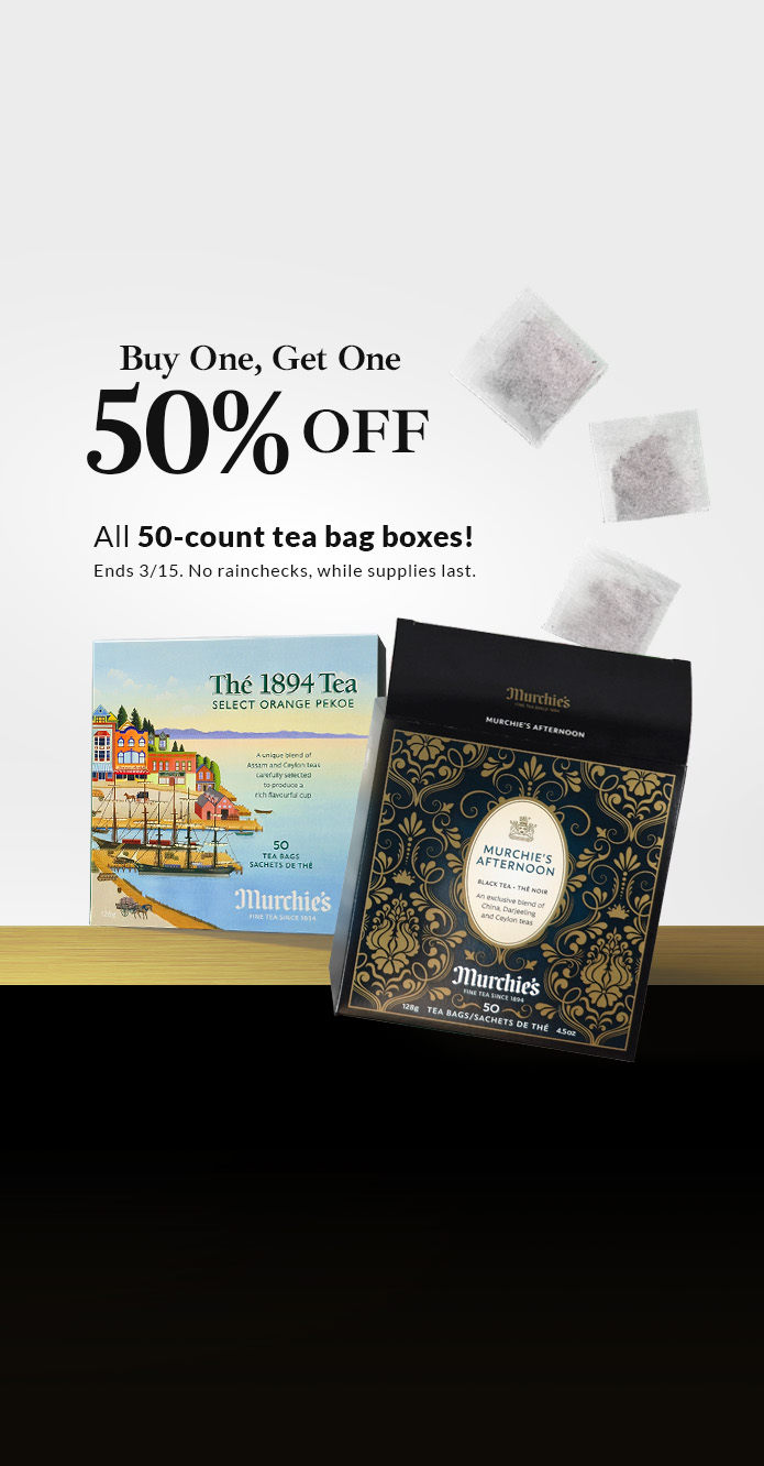 Tea bags fly out of a box of Murchie's Afternoon black tea. A package of Murchie's 1894 Orange Pekoe is behind. Today's special value deal is written on top.