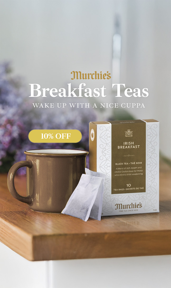 Murchie's Irish Breakfast black tea in a kitchen.