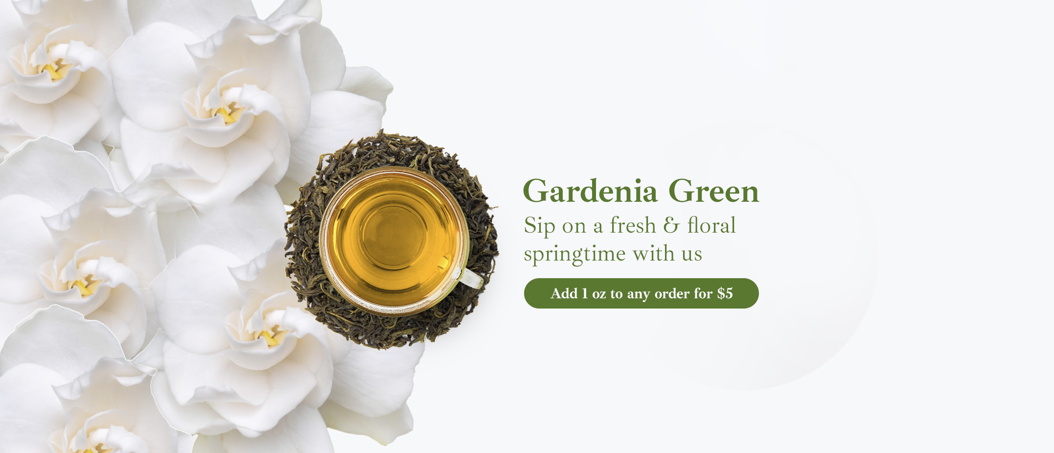 Gardenia flowers underlaid beneath a pile of loose green tea and a tea cup.