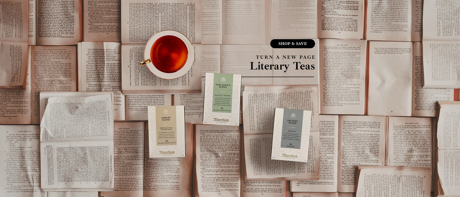 Variety of books underneath teaware and Murchie's tea products.