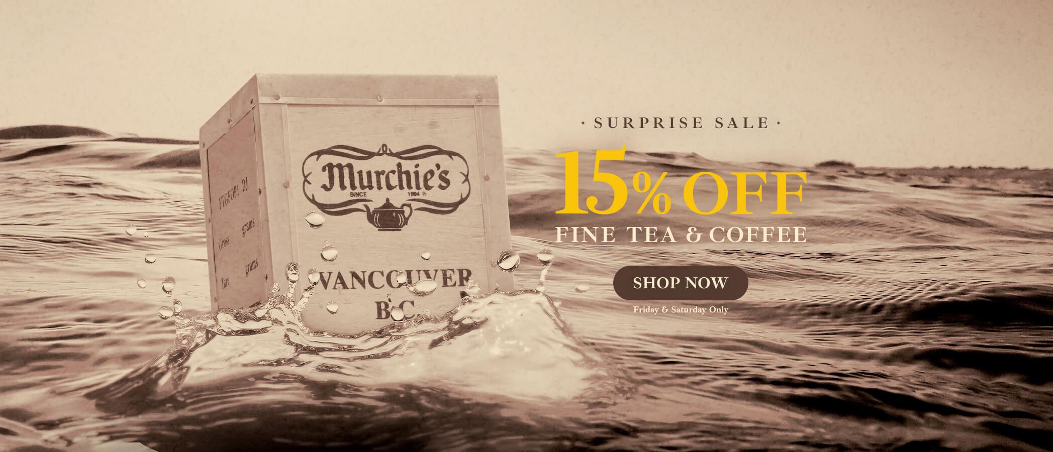 A vintage crate of Murchie's tea adrift in the ocean.